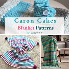 crocheted hats and scarves are featured in this collage with text that reads, carbon cakes blanket patterns