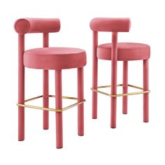 two pink stools with gold barstools against a white background, one has a rounded seat and the other has a curved backrest