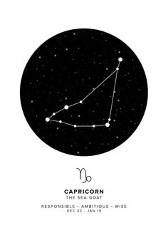 capricorn the sea goat zodiac sign on a black and white background with stars