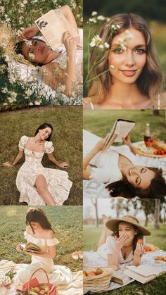 a woman laying on the grass with flowers in her hair and reading a book while wearing a straw hat