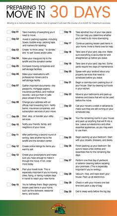 the 30 days to moving checklist is shown in green and orange with an orange background