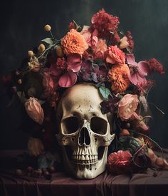 a human skull with flowers on its head