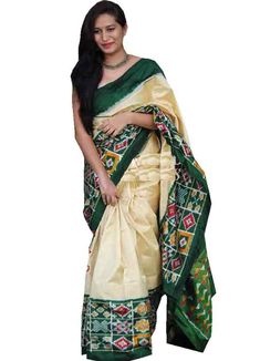 Cream With Bottle Green Color Ikkat Saree  Wrap yourself in comfort with style with the Cream With Bottle Green Color Ikkat Saree for festive occasions and ceremonies with earrings, a necklace, and a pair of matching fashion sandals or ethnic footwear for an ethnic look. This Ikkat soft, silky silk saree will bring out your inner fashionista with its bold color and unique design. This Cream With Bottle Green Color Ikkat Saree will be your favorite outfit for the festive season.  About The Product:  Body Color : Cream  Pallu Color : Green  Blouse Color : Green  Fabric : Pure mulberry pattu silk   Dimensions:  Length = 6.2 meters (Including blouse)  Width = 45 inches   Key Benefits  Light in weight  Soft in texture  Designed to suit all age groups    Legal Disclaimer:  The product is guarant Designer Dupatta For Festive Occasions, Festive Ikat Print Saree, Traditional Ikat Print Dupatta, Festive Ikat Print Dupatta, White Traditional Wear For Celebrations, Designer Dupatta For Festivals, Green Ikat Print Saree, Indian Bedroom, Pochampally Ikkat Silk Sarees