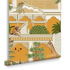 an orange and white wallpaper with giraffes, palm trees and other animals