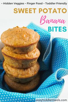 three banana muffins stacked on top of each other with text overlay reading sweet potato banana bites