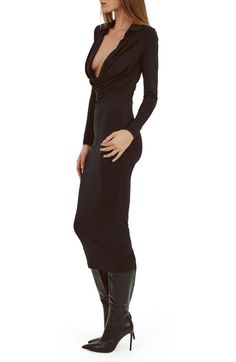 "Find BARDOT Lorel Plunge Long Sleeve Dress on Editorialist. A deeply plunging cowl neck amplifies the flirty appeal of a long-sleeve dress fashioned in a figure-skimming silhouette. 50 1/2\" length (size 4) Hidden side-zip closure Plunge neck Long sleeves Unlined 85% nylon, 15% elastane Hand wash, line dry Imported" Glamorous Long Sleeve V-neck Dress For Date Night, Chic Long Sleeve V-neck Evening Dress, Glamorous V-neck Bodycon Midi Dress, Chic Stretch V-neck Evening Dress, Fitted Cowl Neck Midi Dress For Date Night, V-neck Bodycon Midi Dress For Dinner, Fitted Cowl Neck Midi Dress For Evening, Spring Night Out Midi Dress With Cowl Neck, Spring Cowl Neck Midi Dress For Night Out