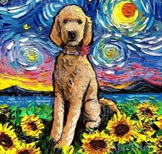 a painting of a dog sitting on top of a sunflower field with the sky and stars in the background