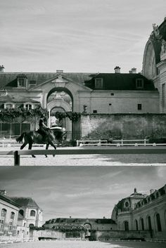 black and white photos of buildings with horses in the foreground, an old building on the other side