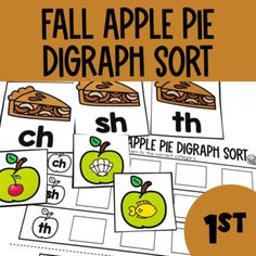 the fall apple pie dig graph sort is shown with an orange background and black letters