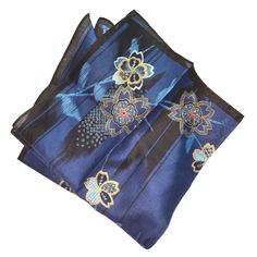 This is a fancy navy blue handkerchief with a very intricate Asian art print fearing blue gold and red ornate flowers. The handkerchief is very light cotton and still has the original sticker attached to the handkerchief. The handkerchief can be used as a pocket puff casually or for any special occasion like engagement and wedding celebration. It measures 16x16.5 inches. It will also make a beautiful gift to Asian art lovers. The handkerchief comes in a gift wrap and with a 'Thank you' card. For Blue Rectangular Handkerchief As Gift, Blue Rectangular Handkerchiefs As Gift, Elegant Blue Rectangular Handkerchiefs, Blue Handkerchief, Chinese Prints, Flowers Summer, Fashion Unique, Gold Floral, Star Designs