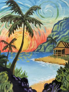 an oil painting of a tropical scene with palm trees and a cabin on the shore