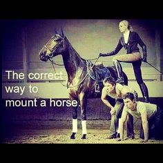 two men and a woman standing next to a horse with the caption, the correct way to mount a horse