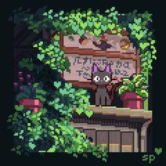 the pixel art shows a cat sitting on a bench in front of a sign that says,