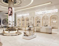 the inside of a store with chandeliers and mirrors on the walls, in white marble