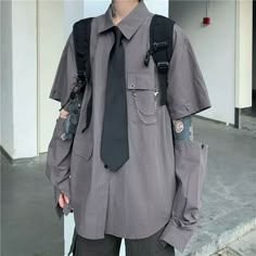 get the perfect streetwear look with this stylish harajuku detachable sleeve button-up shirt. crafted with the highest quality materials for a perfect fit. Techwear Shirt, Grey Shirts Women, Moda Grunge, Gothic Blouse, Techwear Fashion, Grunge Shirt, Streetwear Shirts, Oc Inspo, Style Gothic