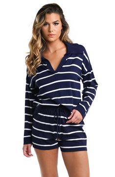 A johnny collar tops this striped cover-up top rendered in an oversized fit that's cool and casual. Johnny collar Long sleeves Viscose/polyester/nylon Hand wash, line dry Imported V-neck Top With Contrast Stripes For Spring, Summer Loungewear Tops With Contrast Stripes, Summer Contrast Stripe Tops For Loungewear, Navy Casual Top With Collared Neckline, Long Sleeve Striped Tops For Summer, Long Sleeve Tops With Horizontal Stripes For Summer, Vertical Stripes Tops For Summer Loungewear, Summer Striped Collar V-neck Top, Summer V-neck Top With Striped Collar