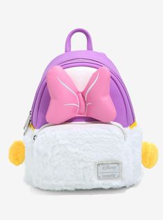 Give your look a quack of a style update with this Daisy Duck mini backpack from Loungefly! Modeled after the adorable Disney duck  this mini backpack features a figural puffy pink bow  plush feet  and plush detailing for a super cute addition to your mini backpack collection. A BoxLunch Exclusive! Polyurethane; polyester lining Approx. 9” W x 10 12” H x 4 12” D Imported Disney Daisy Duck, Disney Bags Backpacks, Backpack Collection, Daisy Bags, Cute Mini Backpacks, Disney Loungefly, Golden Puppy, Disney Duck, Mini Backpacks