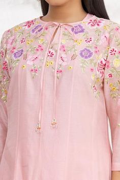 Shop for Rajat and Shraddha Pink Silk Chanderi Summer Garden Anarkali Set for Women Online at Aza Fashions Kurta And Dupatta, Kurti Sleeves, Kurti Sleeves Design, Motif Embroidery, Pink Kurta, Pink Thread, Thread Work, Designer Gowns, Pink Silk