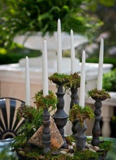 there are many candles on the table with moss growing out of them and rocks underneath