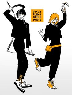 two anime characters are standing next to each other with their hands up in the air