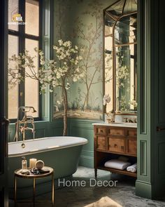 the bathroom is decorated in green and has a tree painted on the wall next to the bathtub