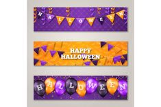 three halloween banners with balloons and buntings in purple, orange and black colors