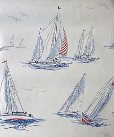 four sailboats in the ocean on a white paper with blue and red watercolors