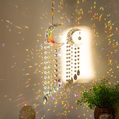 a wind chime hanging from the ceiling next to a potted plant