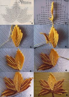 four pictures showing how to crochet a maple leaf