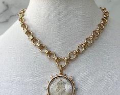 Coin Pendant Necklace, Pearl Necklace With Cross, Coin Statement Necklace - Etsy Elegant Coin Medallion Necklace With Chain, Antique Gold Necklace With Pearl Chain, Gold Medallion Jewelry With Pearl Chain, Antique Gold Necklace With Pearl Pendant, Elegant Medallion Coin Necklace With Vintage Charm, Victorian Gold Jewelry With Pearl Chain, Victorian Gold Coin Necklace, Victorian Gold Pearl Chain Jewelry, Necklace With Cross