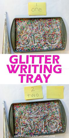 two trays filled with sprinkles and writing on top of each other