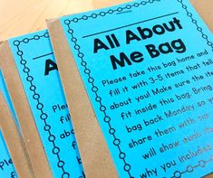 three blue bookmarks with the words all about me bag written in black on them