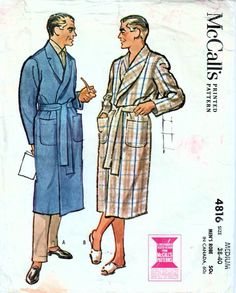 MCCALL'S 4816: Use this early 1960s vintage sewing pattern for men to sew a handsome wrap robe with some tailored details. Scroll down to learn more about the size, pattern condition, and garment details. SIZE INFORMATION: Men Size Medium Chest 38-40 inches Waist 34-36 inches PATTERN CONDITION: COMPLETE, USED (instructions and all pattern pieces (cut and in very good to excellent used condition)) GARMENT INFORMATION: Robe details: - loose-fitting - hip patch pockets - flat fell seams throughout for durability - shawl collar, optionally notched - two-piece long sleeves - belt carriers and tie belt - front wrap closing - reinforced with interfacing COPYRIGHT: 1961 60s Men, 1950s Sewing Patterns, Fashion Illustration Vintage, Mccalls Sewing Patterns, Couture Vintage, Mccalls Patterns, Dress Sewing Patterns, Vintage Sewing Patterns, Shawl Collar