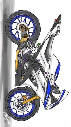 a drawing of a motorcycle with blue and white rims on it's tires