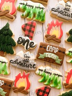 decorated cookies with camping sayings and trees on them are displayed in front of a white wooden background