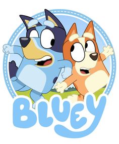 two cartoon dogs with the word bluey on it's back and an image of them