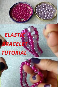 the instructions for making beaded bracelets are shown in three different pictures, including one being