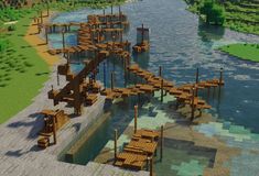 an artist's rendering of a bridge over a river with wooden benches and tables