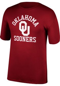 Show off your team pride in this Oklahoma Sooners Crimson Number One Short Sleeve T Shirt! This Oklahoma Short Sleeve Tee features a screen print Oklahoma arched over team logo with Sooners below. Make sure everyone knows you root for the Sooners with this Crimson Oklahoma T Shirt. Boomer Sooner! Collegiate Cotton Tops In University Red, University Red Cotton Tops With Letter Print, University Red Tops With Graphic Print For Team Spirit, University Red Cotton Top With Letter Print, Casual Pre-shrunk Jersey Top, Casual University Red Top With Team Name, Casual Jersey T-shirt For Game Day, University Red Team Spirit Top With Graphic Print, Cotton Tri-blend Team Spirit Tops