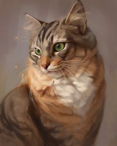 a painting of a cat with green eyes and long whiskers on it's face