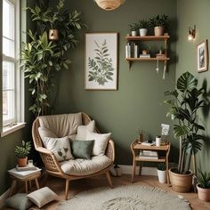 a living room with green walls and plants on the wall, a wicker chair in front of a round rug