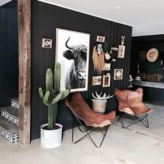 a living room with black walls and pictures on the wall next to two brown chairs