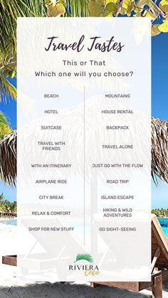 a sign that says travel tastes which one will you choose? with palm trees in the background