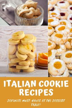 there are many different types of cookies in this collage with the words italian cookie recipes written below