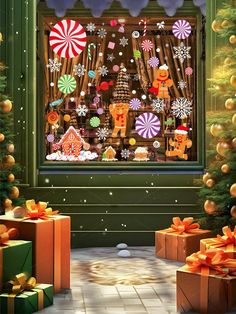 a christmas window display with gingerbreads, candy and candies in the windows