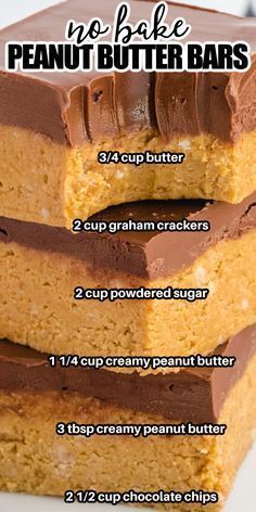 no bake peanut butter bars stacked on top of each other with text overlay