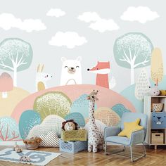 a child's room with an animal themed wall mural