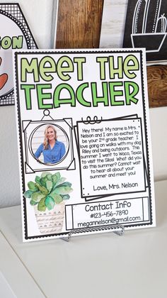 a sign that says meet the teacher with a picture of a woman holding a potted plant