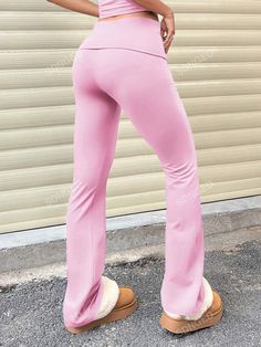 Style:Casual \nType:Regular \nColor:Pink \nPattern Type:Plain \nWaist Line:Ultra High Waist \nLength:Long \nFabric:High Stretch \nMaterial:Knitted Fabric \nComposition:95% Polyester \nComposition:5% Elastane \nCare Instructions:Hand wash,do not dry clean \nBody:Unlined \nSheer:No \n Flared Leggings, Flare Leggings, Maternity Bag, Flare Pants, Fit & Flare, Women's Leggings, Women Clothes Sale, Clothing And Shoes, Womens Bottoms