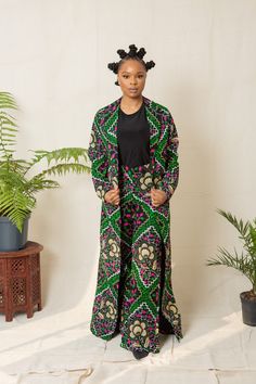 Dress up beautifully in this 2 piece kimono set. Kimono can be styled alone, as well as the pants.   Handmade with 100% cotton  Kimono is fully lined Trouser has pockets Care: Wash with mild detergent. Do not bleach Thanks for visiting, please start a chat if you have any enquiry. Fitted Floral Print Kimono, Green Kimono Sleeve Sets For Spring, Green Sets With Kimono Sleeves For Spring, Spring Green Sets With Kimono Sleeves, Long Bohemian Green Sets, Green Bohemian Long Sets, Fitted Open Front Kimono, Fitted Sets With Kimono Sleeves For Spring, Spring Sets With Fitted Kimono Sleeves